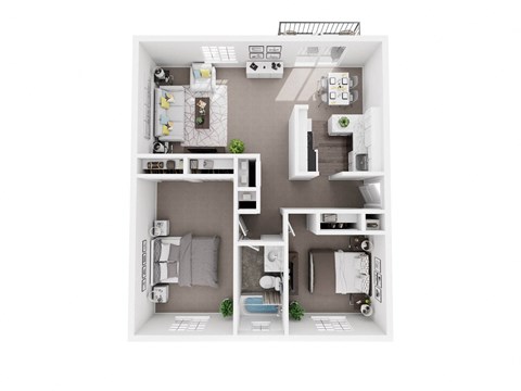 Floor plan for 2 beds, 1 bath, 909 sqft